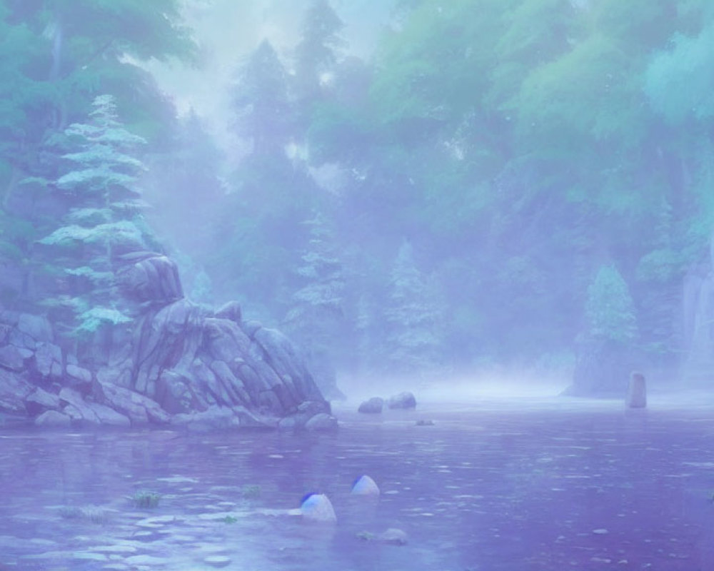 Misty landscape with serene water, rocks, and lush trees