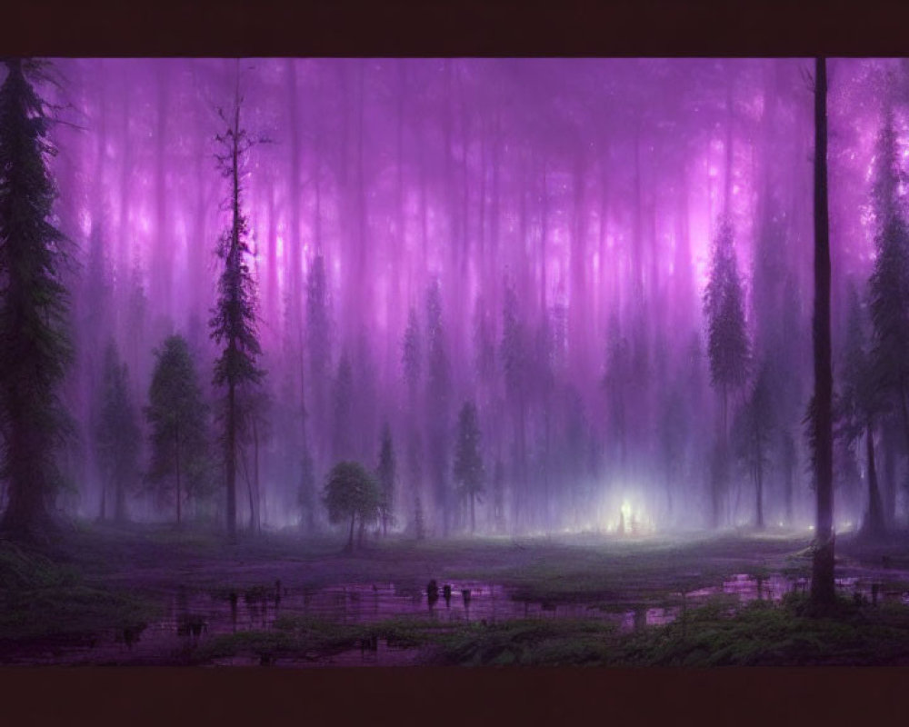 Enchanting purple-lit forest with misty trees and bright clearing