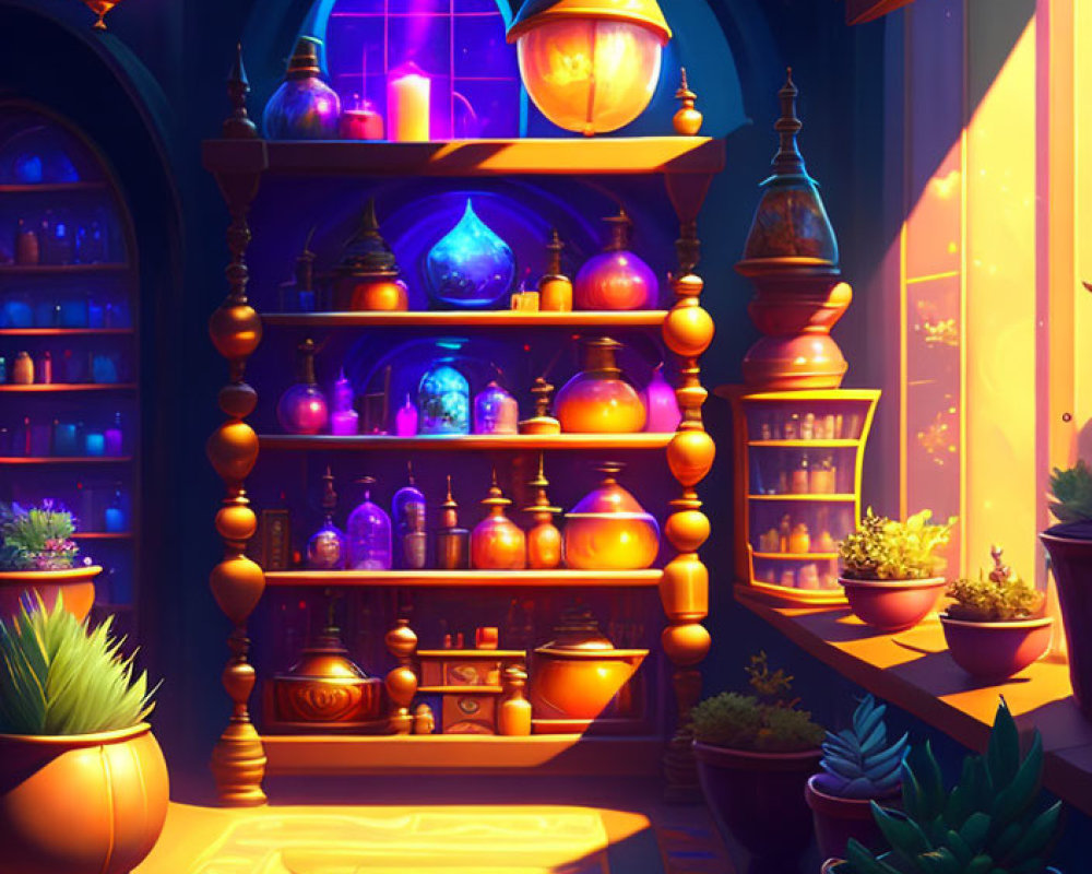 Colorful Glowing Potion Bottles on Wooden Shelf in Enchanting Room