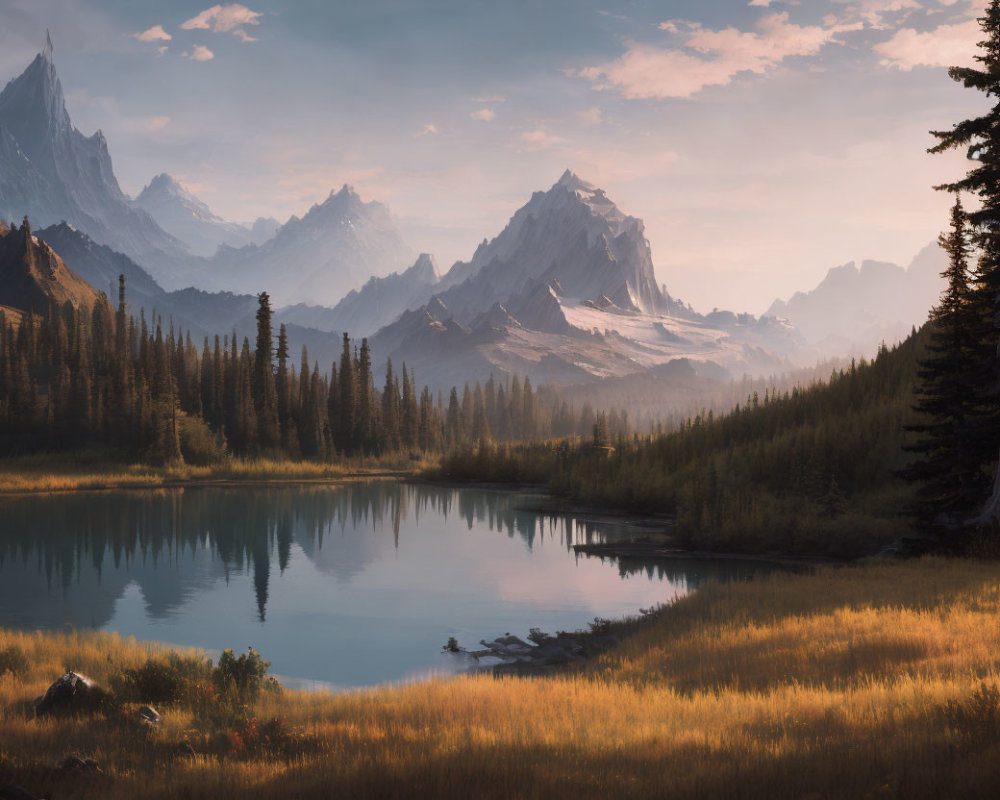 Tranquil Mountain Lake Scene with Golden Grass and Pines