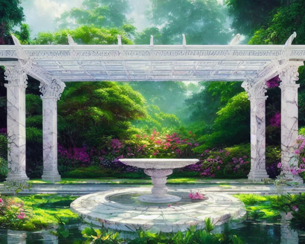 Marble pergola with garden path, stone fountain, lush greenery, vibrant flowers.