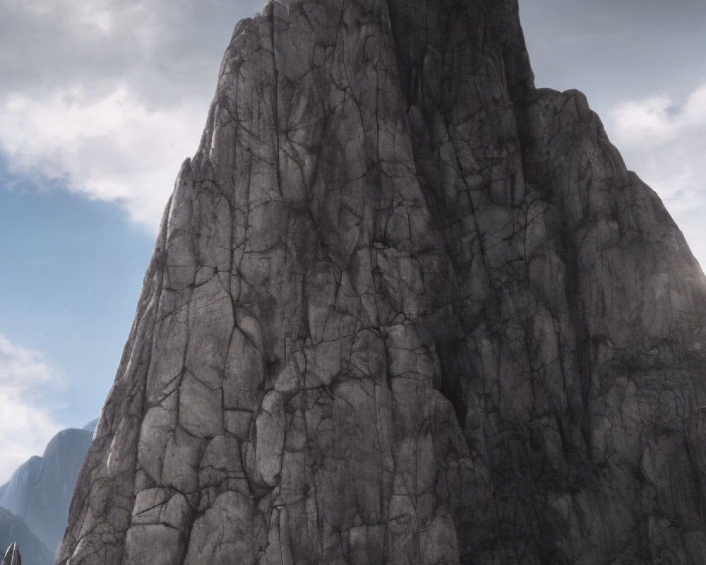 Majestic jagged rock formation with lone climber under cloudy sky