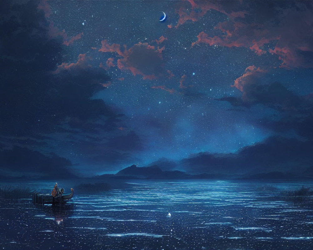 Tranquil nightscape with boat on calm waters under starry sky