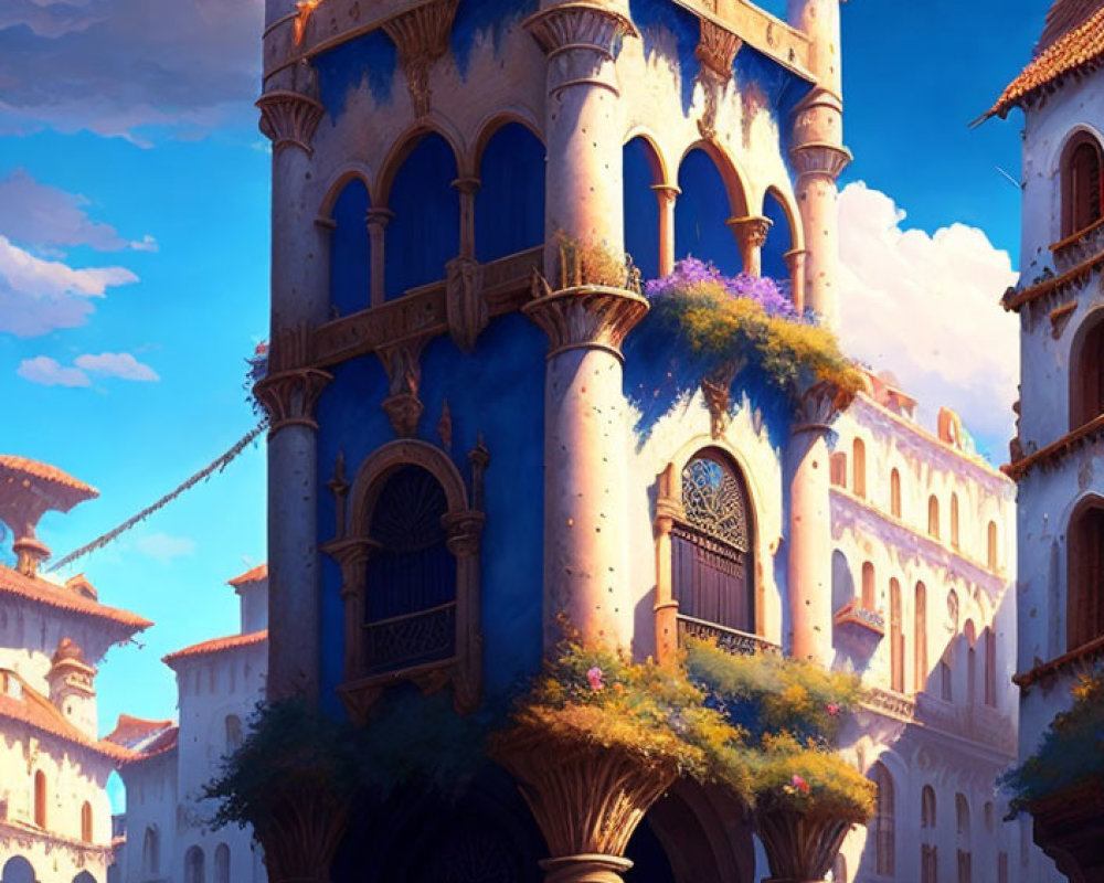 Fantasy castle with tall spires and arched doorways in warm sunlight