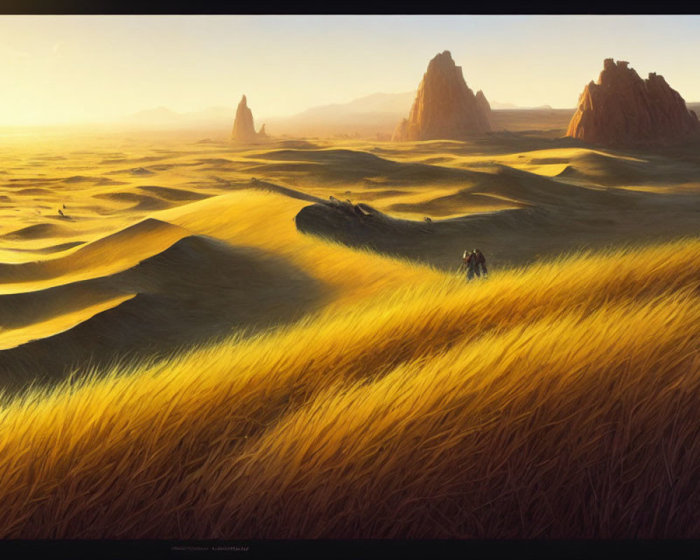 Sunlit desert landscape with rolling dunes and distant rock formations.