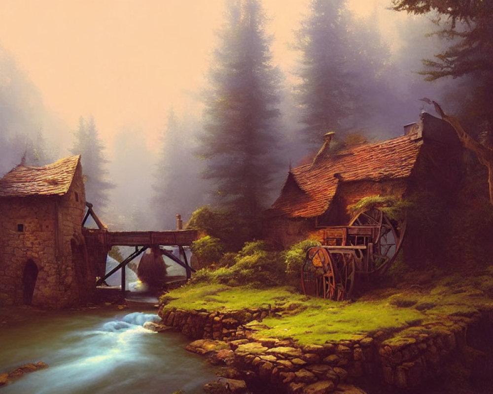 Rustic watermill and cottages in foggy pine forest