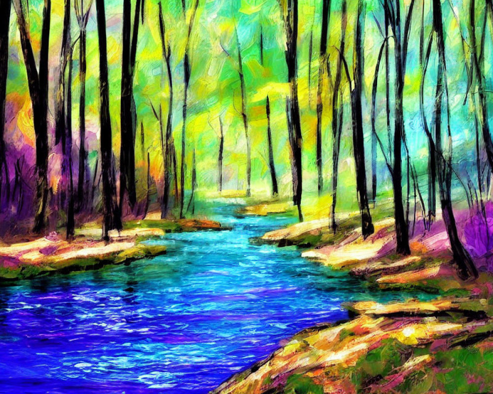 Colorful digital painting of a forest with green trees and a blue stream