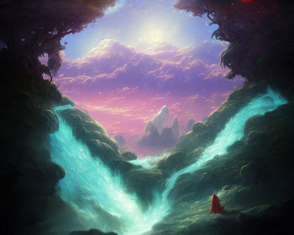 Mystical landscape with glowing blue rivers and red-cloaked figure