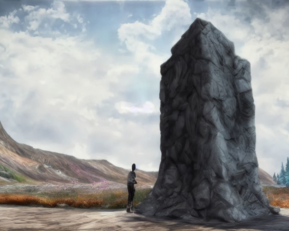 Person standing before large solitary rock in vast landscape