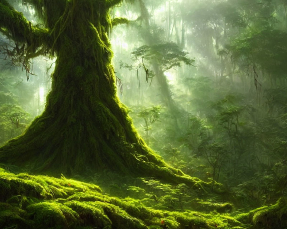 Sunlit Moss-Covered Tree Trunk in Ethereal Forest