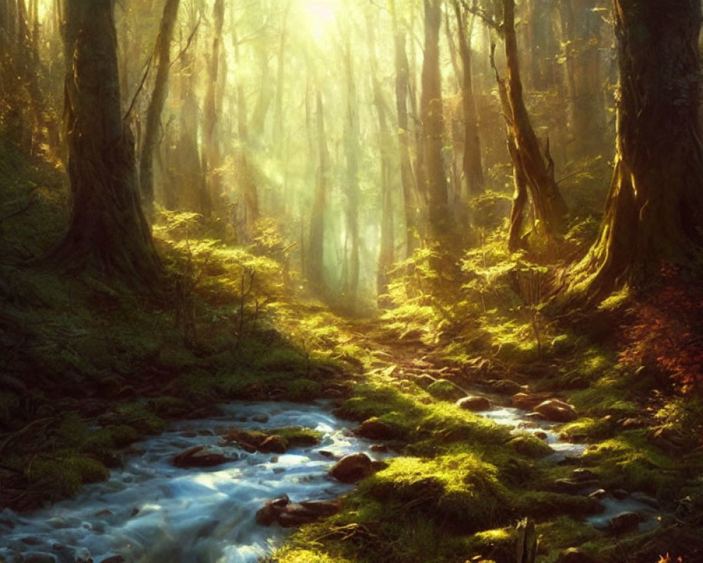 Sunlight through mist in lush green forest with babbling brook