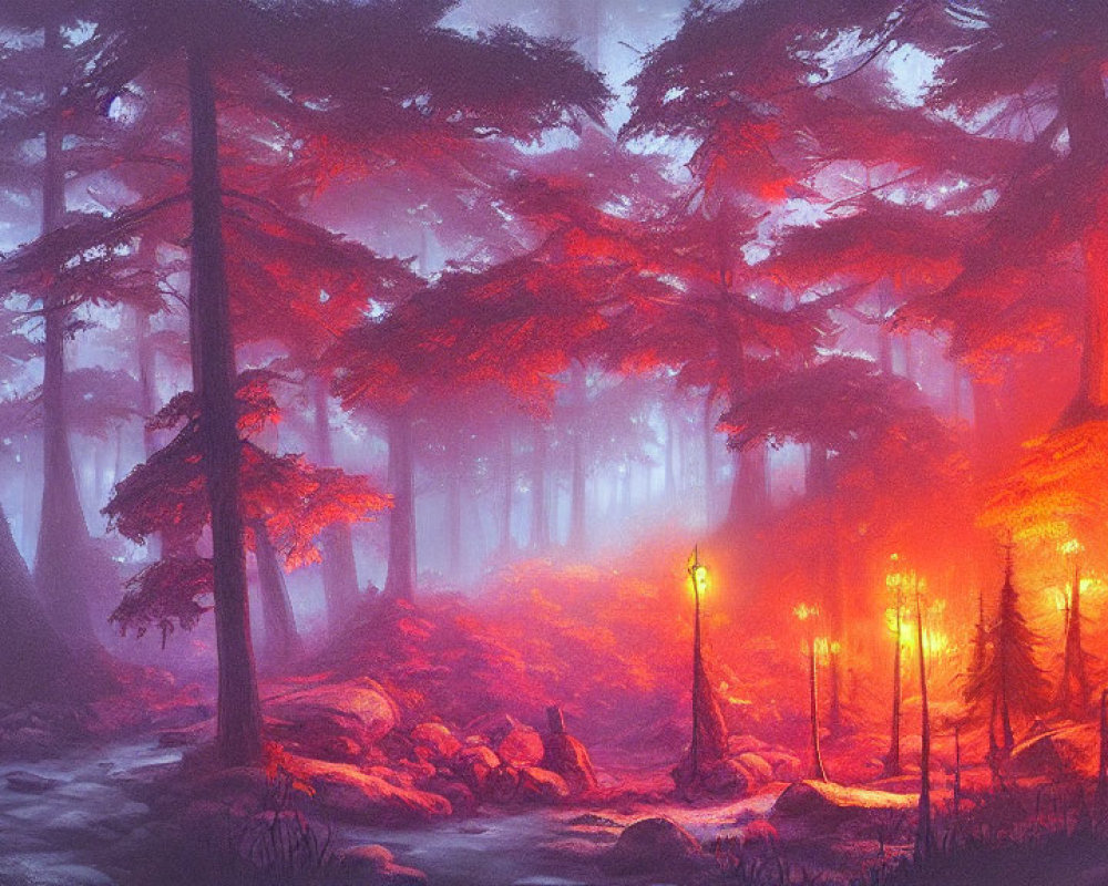 Vibrant red forest with mist, towering trees, and moss-covered ground