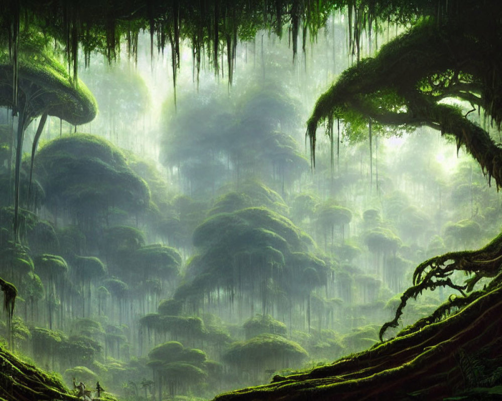 Moss-Covered Trees in Serene Forest Scene