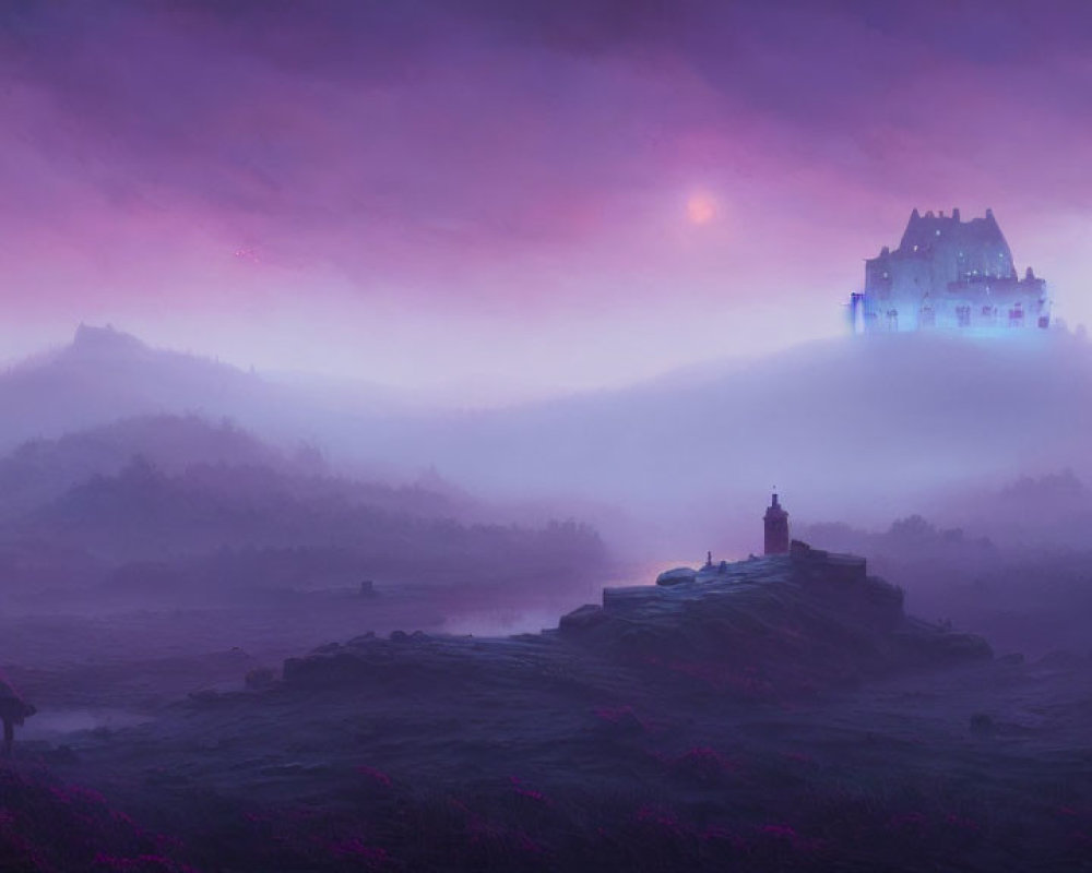 Foggy Twilight Landscape with Castle and Lighthouse