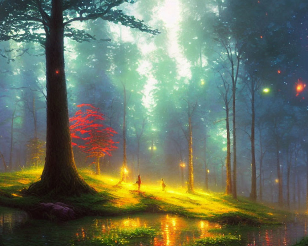 Ethereal forest scene with glowing mist, fireflies, tranquil pond, and radiant tree