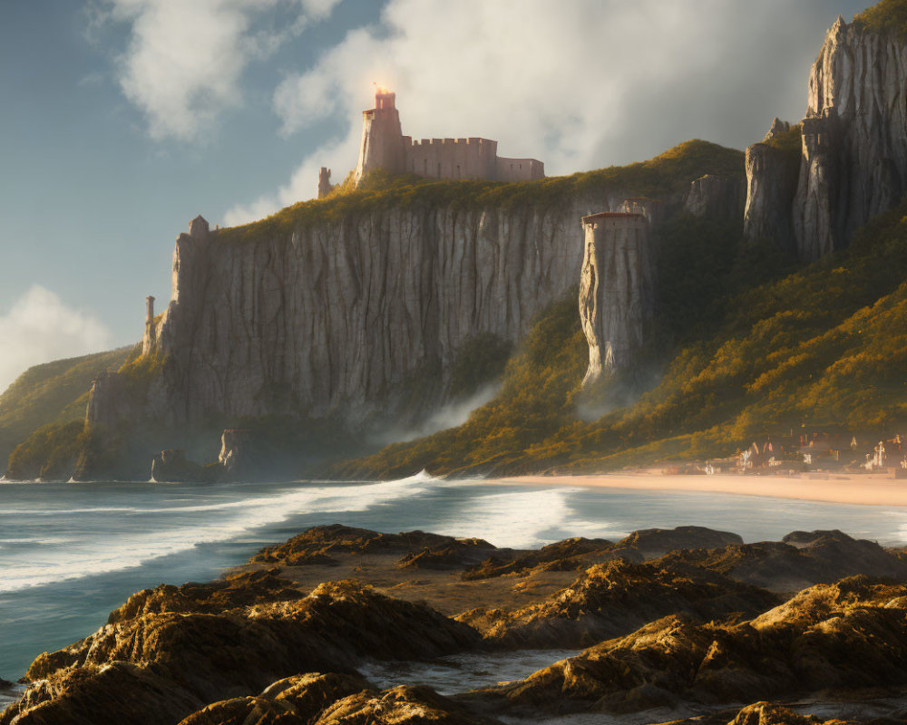 Majestic castle on sea cliffs with crashing waves & misty horizon