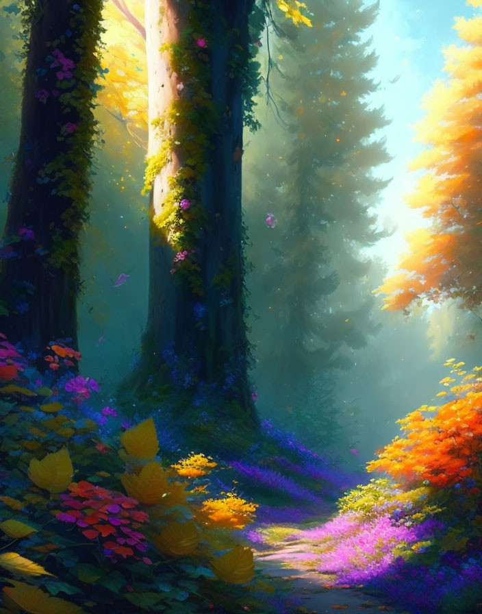 Colorful Forest Path with Sunbeams and Enchanting Atmosphere