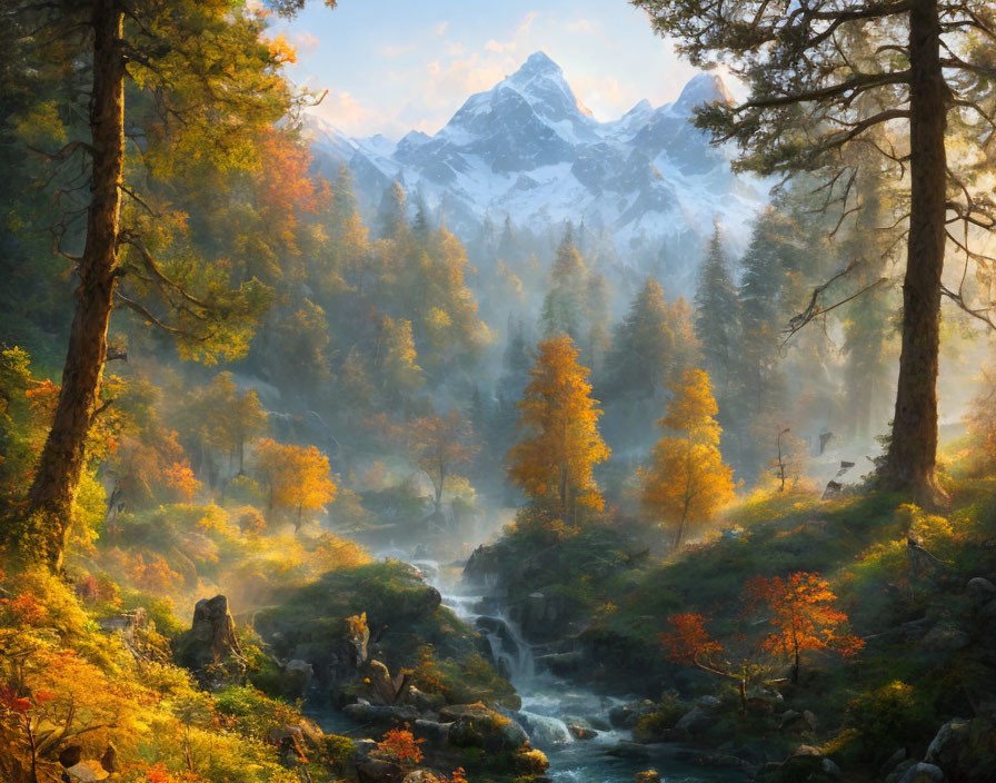 Scenic autumn river with orange and green foliage and misty mountain peak