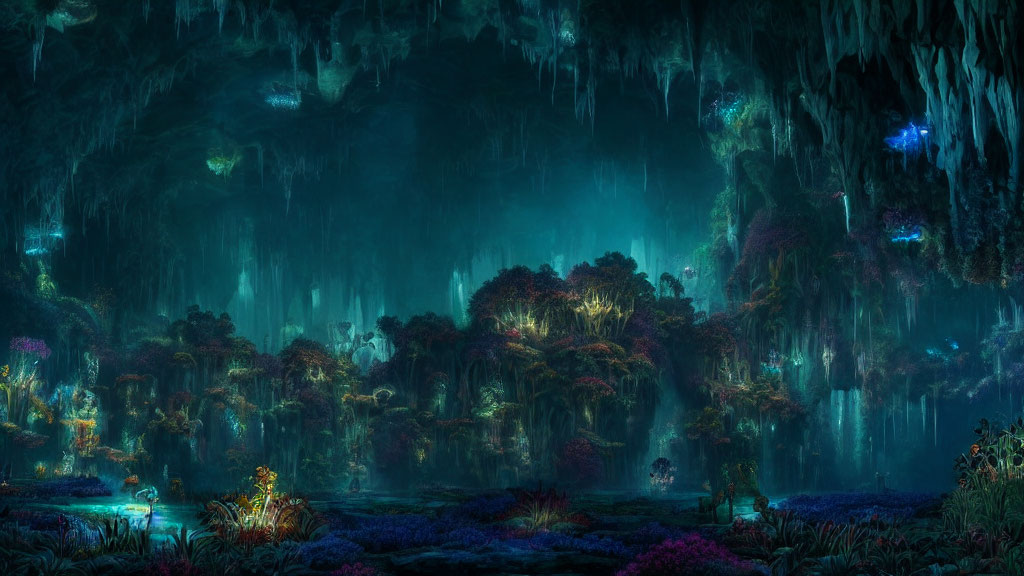 Mystical cave with lush flora, blue light, hanging vines & waterfalls