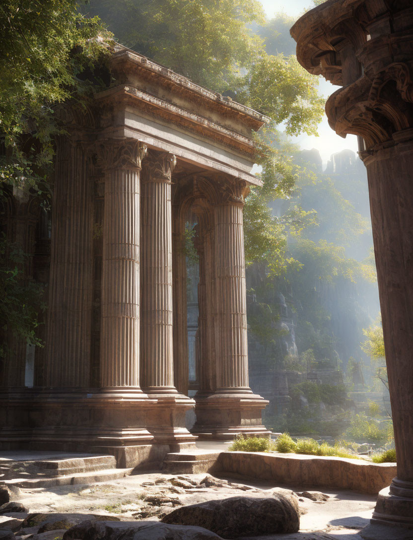 Greco-Roman Style Columns in Serene Forest Setting