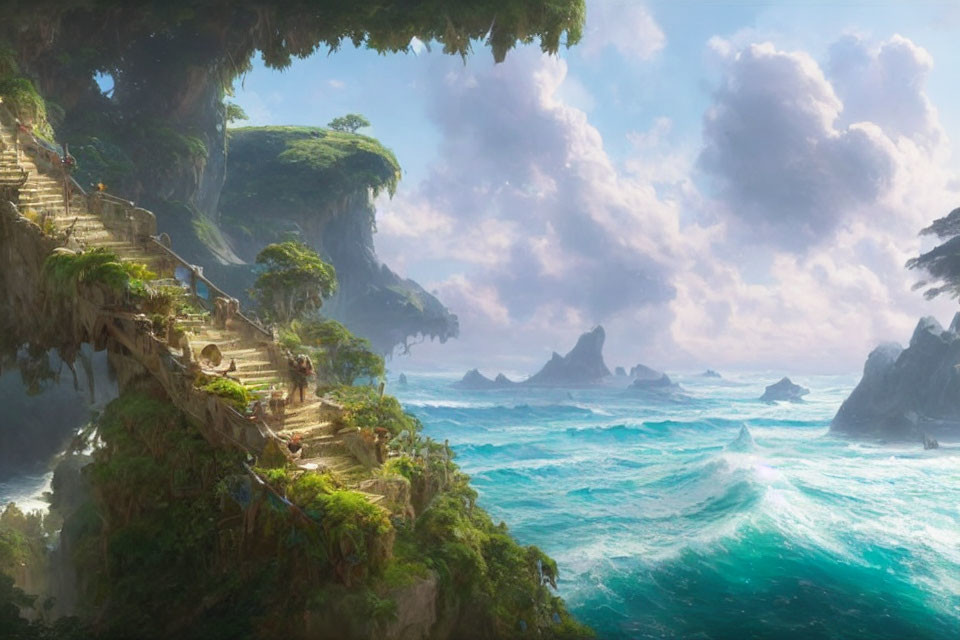 Fantasy seascape with rugged cliffs, staircase, lush greenery, dramatic skies, azure waters