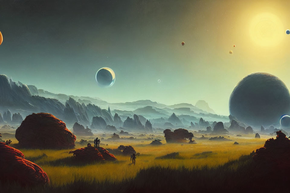 Majestic rock formations, multiple moons, and figures in a surreal landscape.