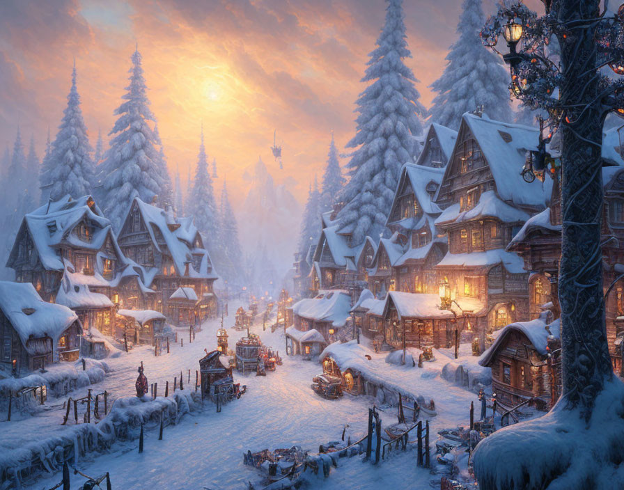 Snowy village at dusk: cozy houses, snowy trees, street lamps, and people under warm,