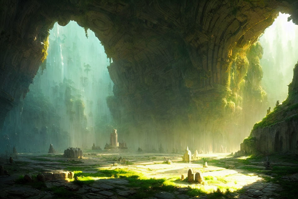 Sunlit Cave with Ancient Ruins and Ethereal Atmosphere