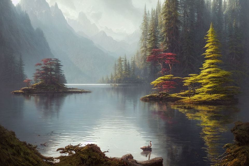 Tranquil mountain lake with colorful trees, duck, and hazy peaks