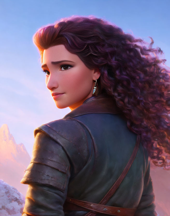 Female animated character with purple curly hair and green leather jacket against mountain backdrop at dusk