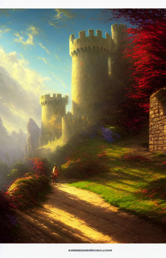 Figure walking to castle in lush greenery with sunlight and mist