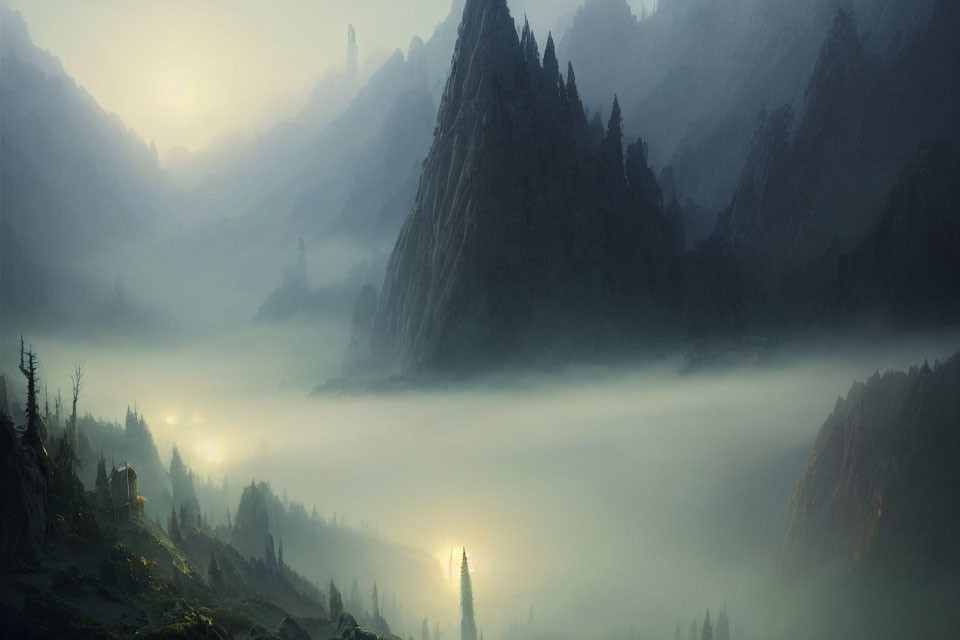 Sunrise illuminating misty mountain landscape with solitary figure amidst towering peaks.