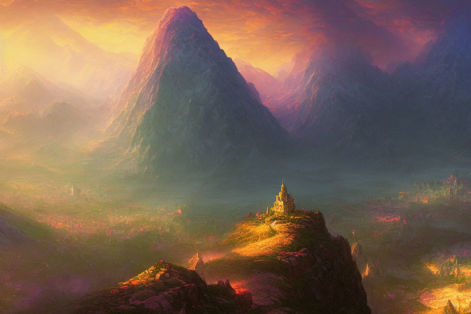 Glowing castle on hill in fantasy landscape with mountains and warm sunset hues