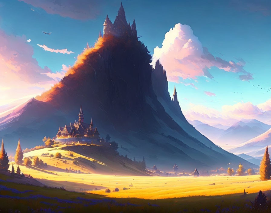 Fantasy landscape with castle on mountain in golden field