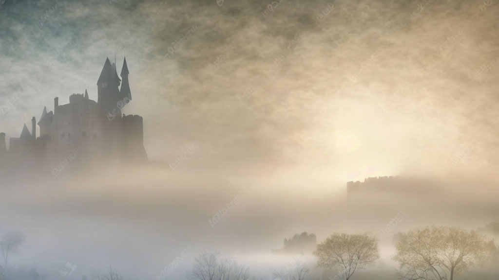 Castle Silhouette in Mist with Sun Peeking Through