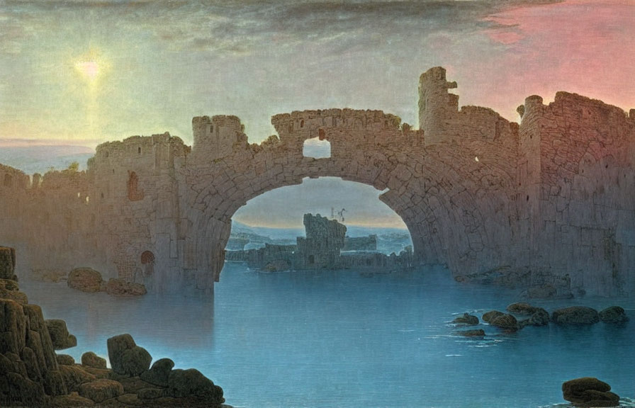 Sunrise painting of ruined stone bridge over calm water with pink and blue sky.