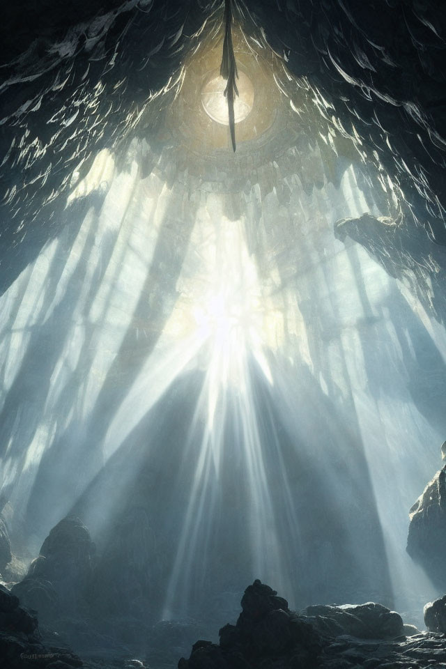 Ethereal cavern with sunlight beams and ornate suspended object