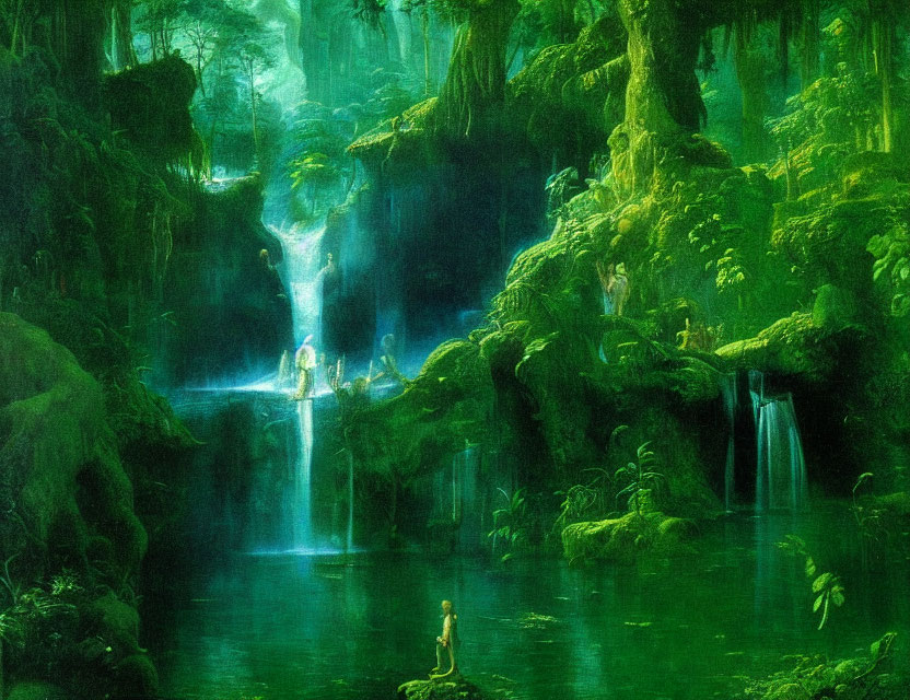 Ethereal green forest with misty waterfalls and serene pools