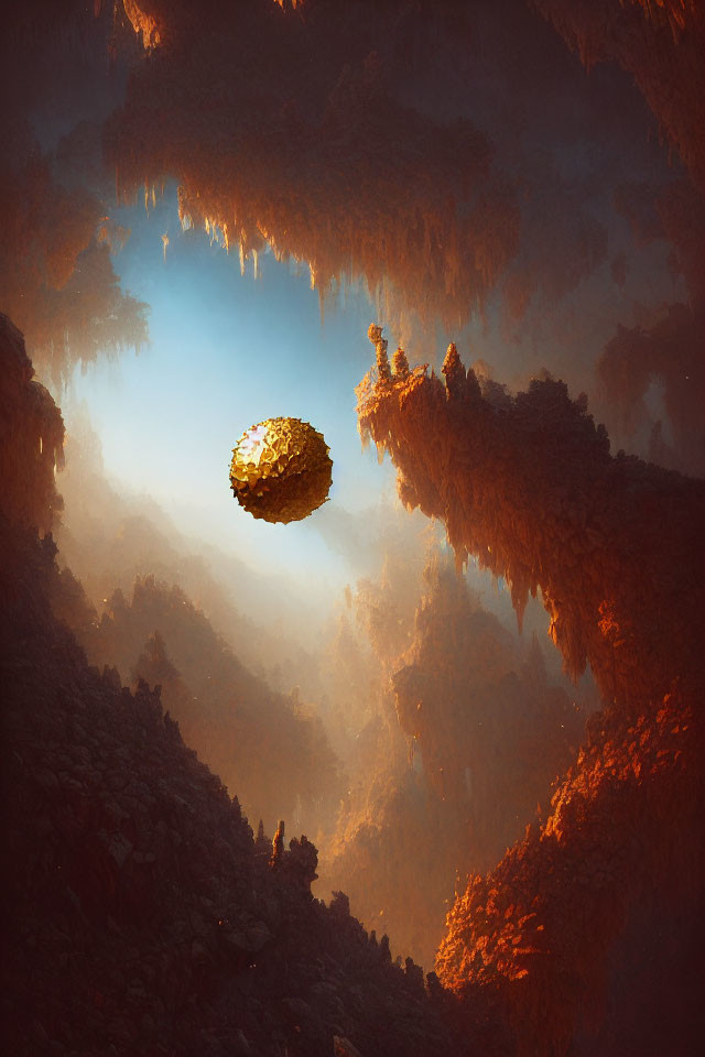 Surreal cavern with floating golden rock and misty light