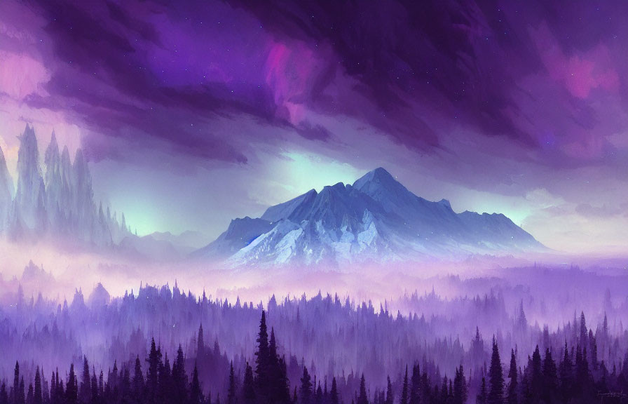 Mystical landscape with towering mountain at sunset and forest under starry twilight sky