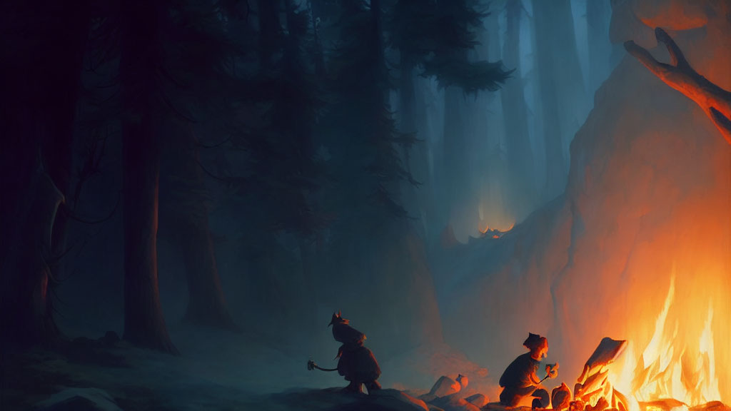 Animated characters by campfire in mystical forest with warm glow