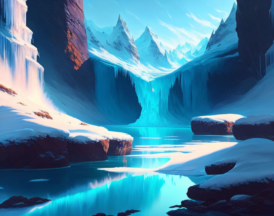 Snowy cliffs, frozen waterfall, icy mountains in serene winter landscape