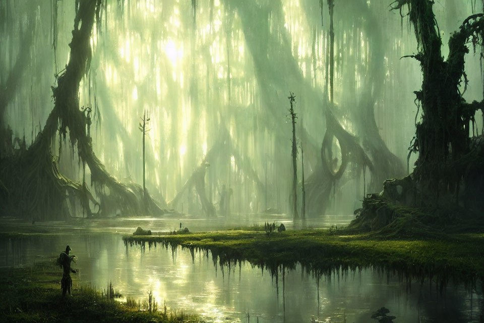 Mystical Swamp with Towering Trees and Ethereal Light