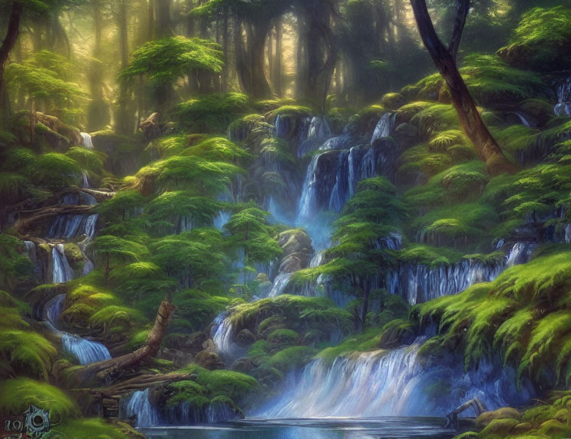 Ethereal forest scene with sunlight, waterfalls, greenery, and moss-covered pools