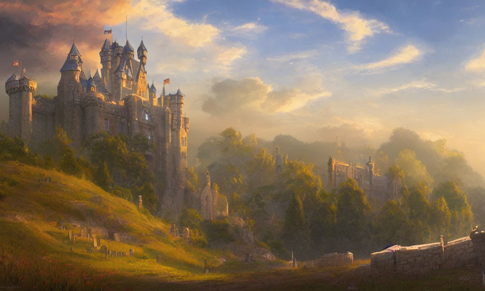 Majestic castle at sunset on hill with misty greenery