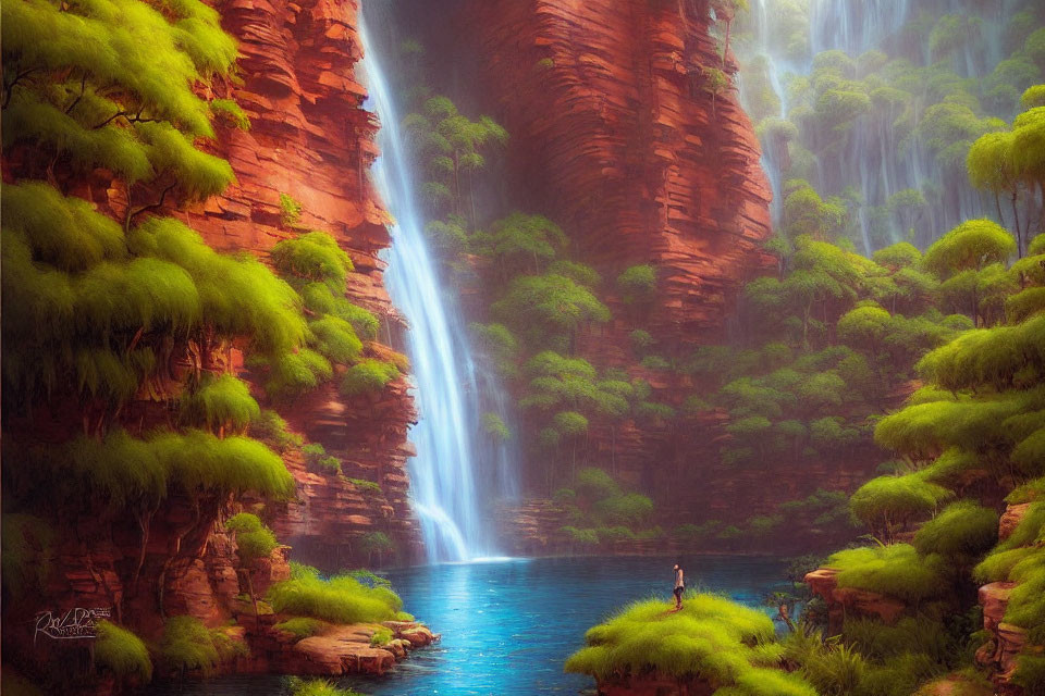 Scenic waterfall oasis with greenery, red cliffs, and lone observer