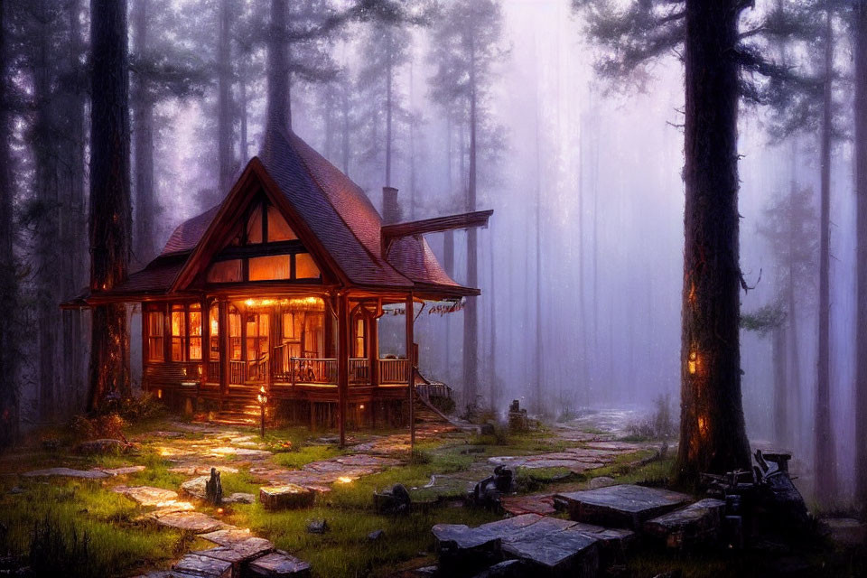 Rustic wooden cabin in misty forest with glowing lights