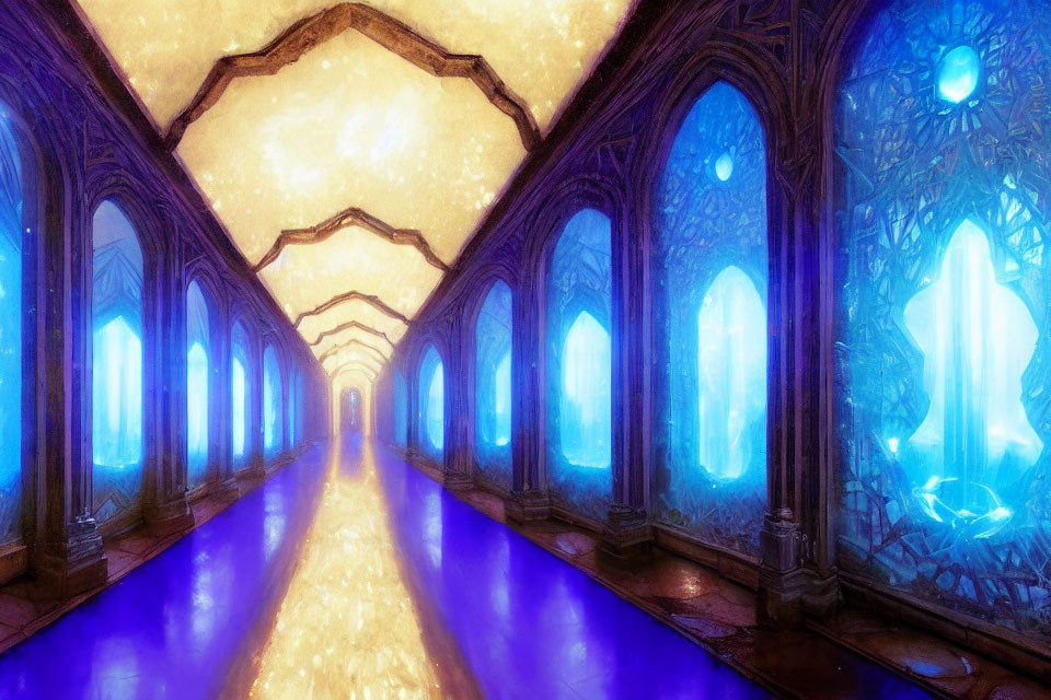 Vibrant fantasy corridor with glowing blue windows and mystical artifacts