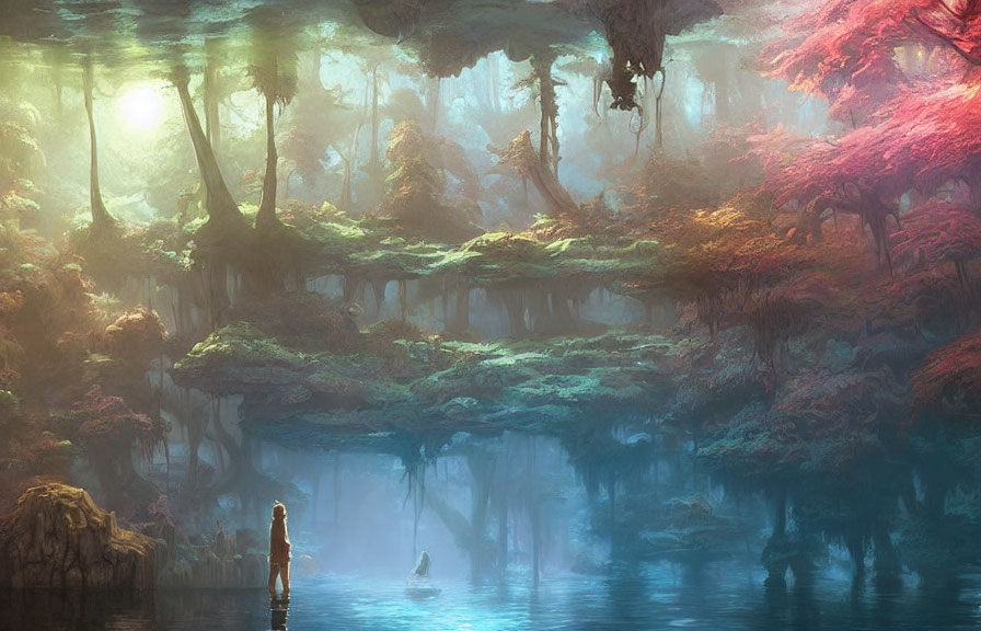 Serene lake in mystical forest with pink trees and figure