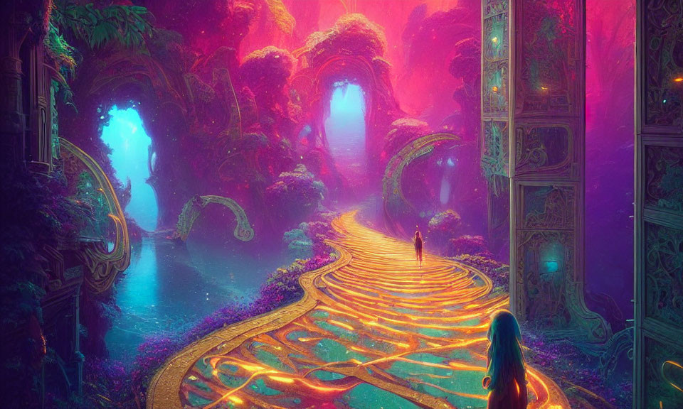 Vibrant fantasy landscape with glowing path, figure, gateway, and towering trees